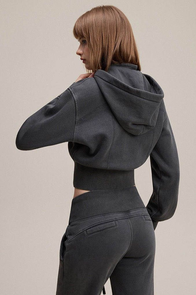 Cropped Waist Zip Up Hoodie