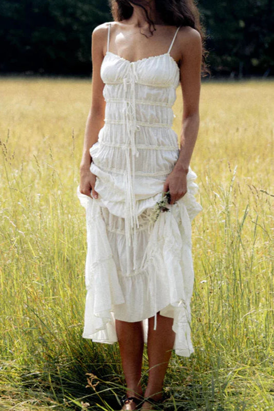 Lace Pleated Backless Suspender Maxi Dress