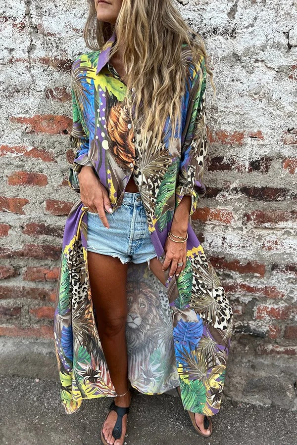 Jungle Miracle Animal Unique Print Button Long Sleeve Midi Relaxed Blouse - Fashionpara
