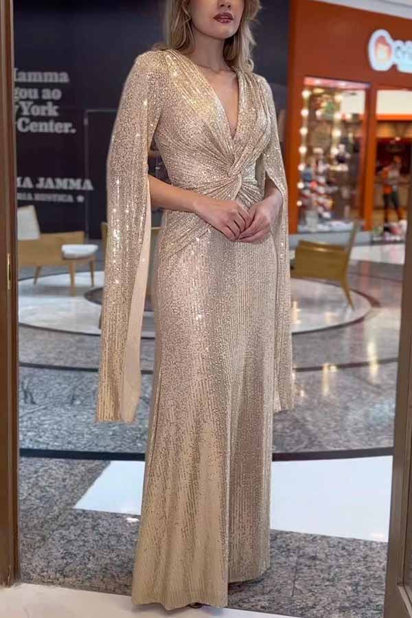 Shine Brighter Sequin Cape Sleeve Cross Waist Evening Maxi Dress - Fashionpara