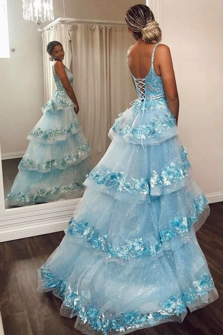 V Neck Blue Lace Tulle Prom Dress Graduation Dress 17th Birthday Dress - Fashionpara