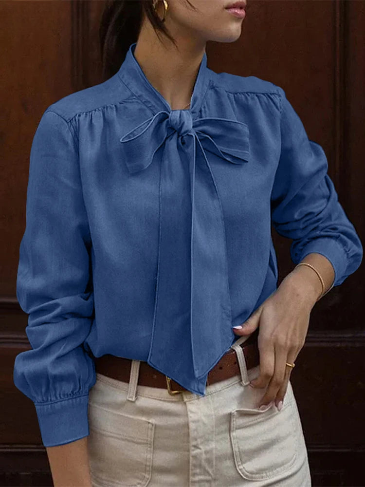 Bowtie Neck Pleating Blouse Casual Chic Blouse