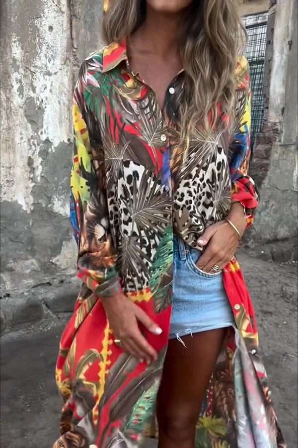 Jungle Miracle Animal Unique Print Button Long Sleeve Midi Relaxed Blouse - Fashionpara