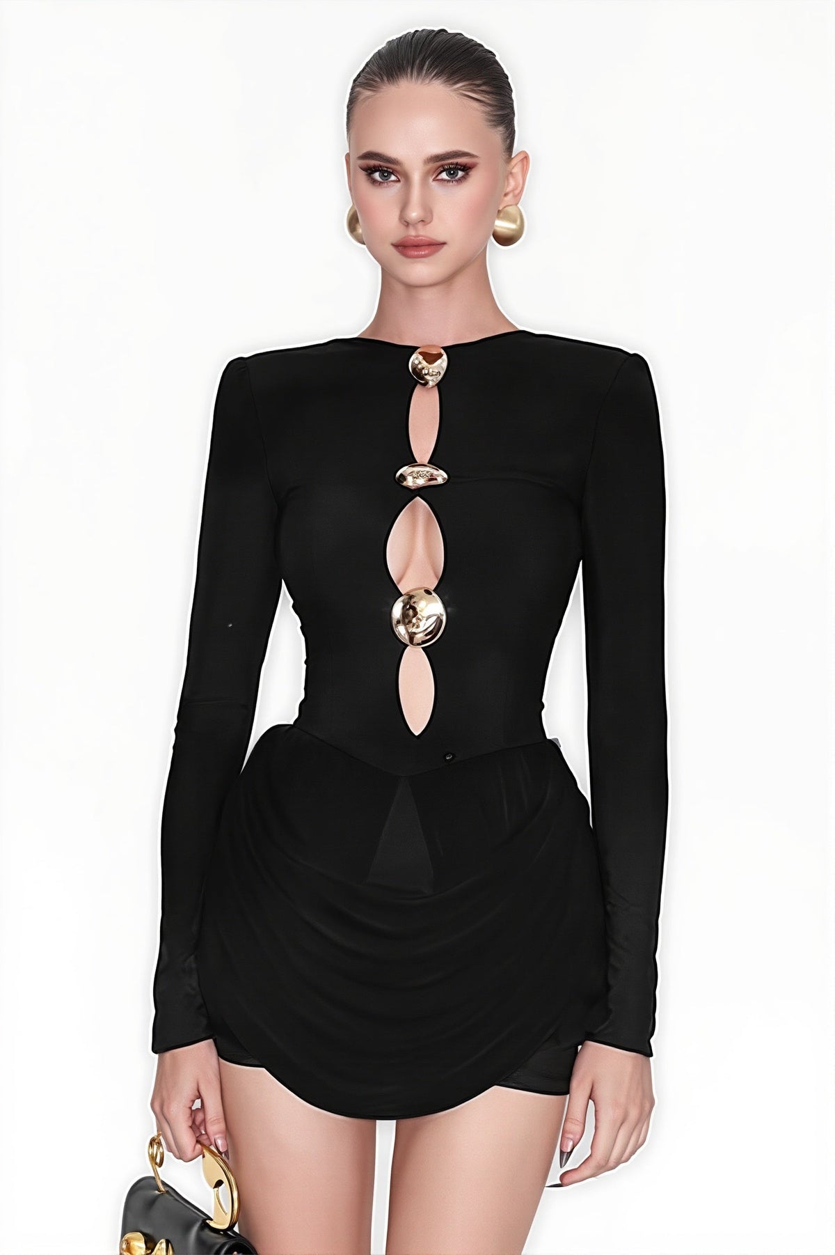Long Sleeve Cut Out Gold Hardware Draped Mini Dress