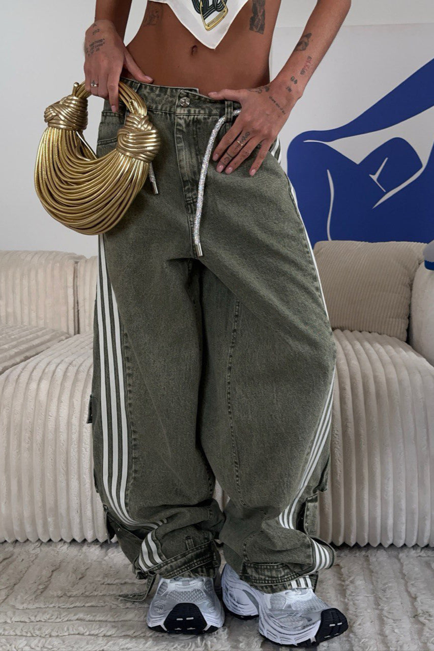 Striped Wide Leg Denim Trousers Pants