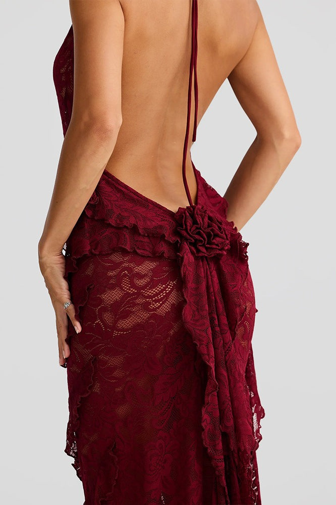 Sheer Lace Halter Neck Ruffle Backless Maxi Dress