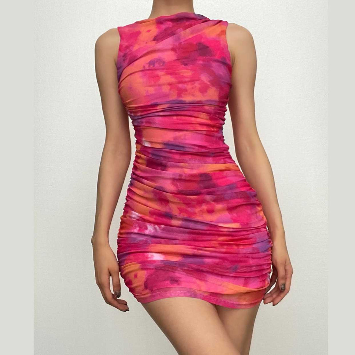 Ruched tie dye sleeveless crewneck mesh mini dress - Final Sale - View 3