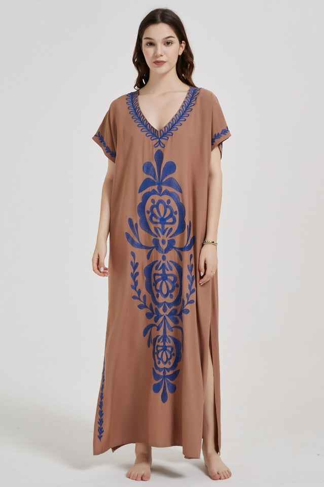 Embroidered V-Neck Short-Sleeve Kaftan Maxi Dress 4