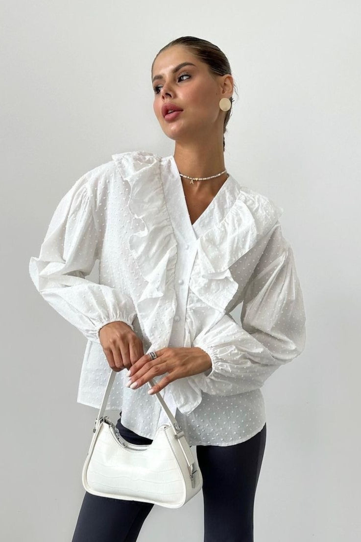 Polka Dot V Neck Ruffle Blouse