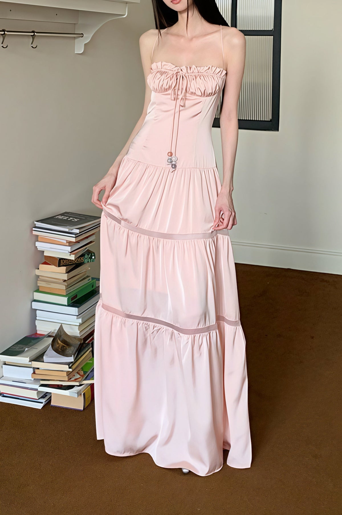 Satin Ruffle Trim Tiered Maxi Dress 5