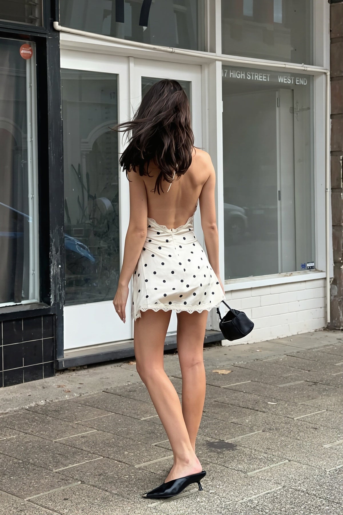Polka Dot Lace Trim Halter Deep V-Neck Slip Mini Dress 3
