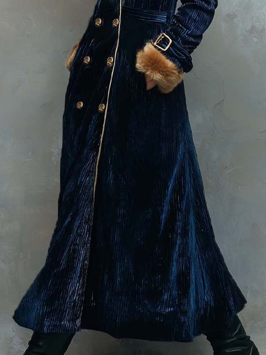Navy Blue Vintage Eleganc Velvet Long Coat With Faux Fur Collar