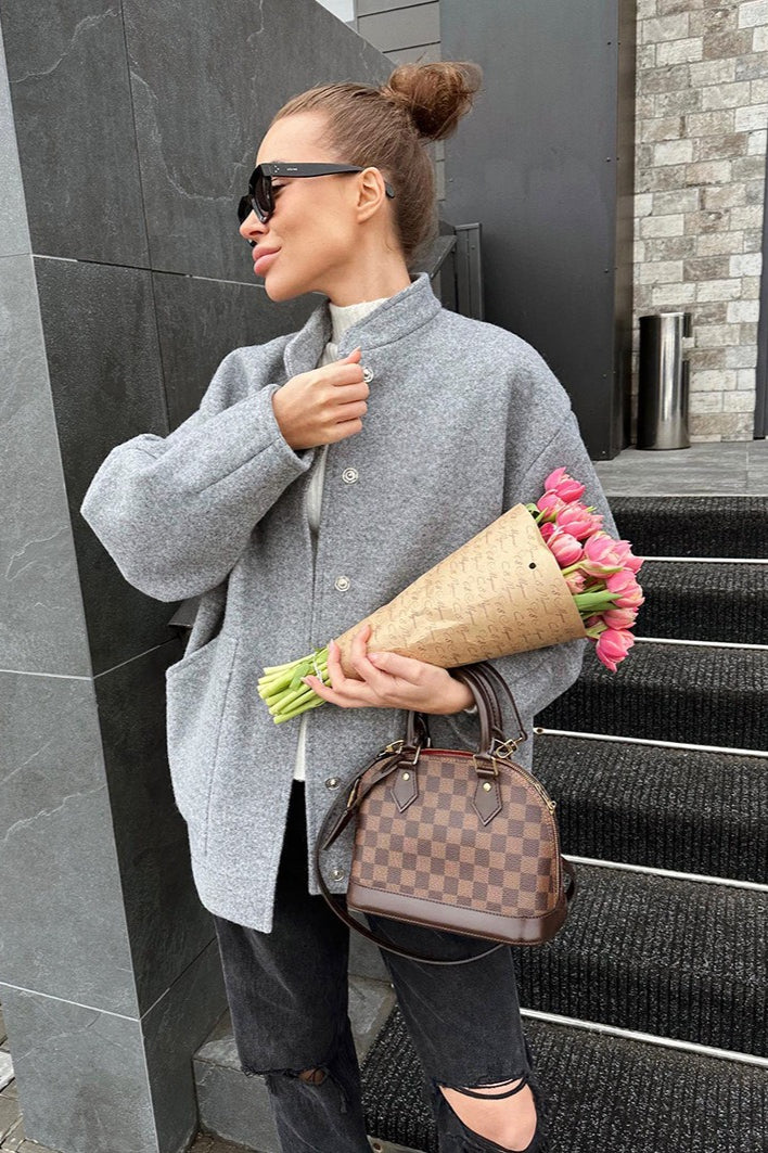 Gray Stand Collar Cocoon Sleeve Coat