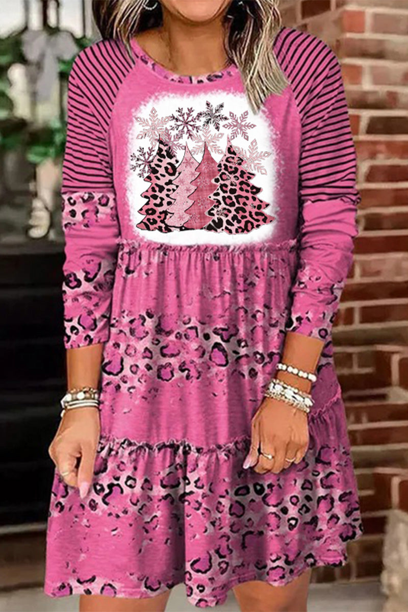 Leopard Christmas Trees Print Long Sleeve Dress  Fashionpara