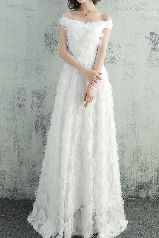 Feather Fringe Off Shoulder A-Line Formal Gown - View 3