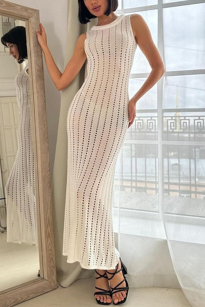 Pointelle Knit High Neck Sleeveless Midi Dress 2