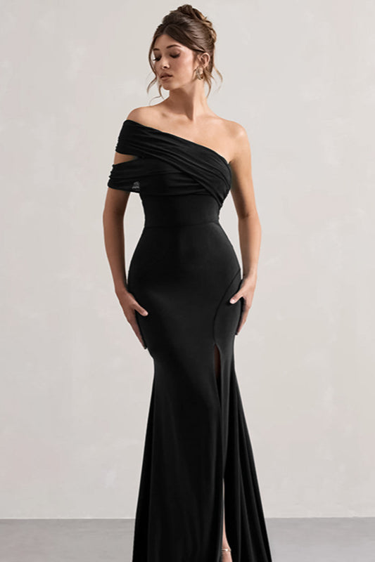 Mesh Panel Off-Shoulder Split Bodycon Party Dress