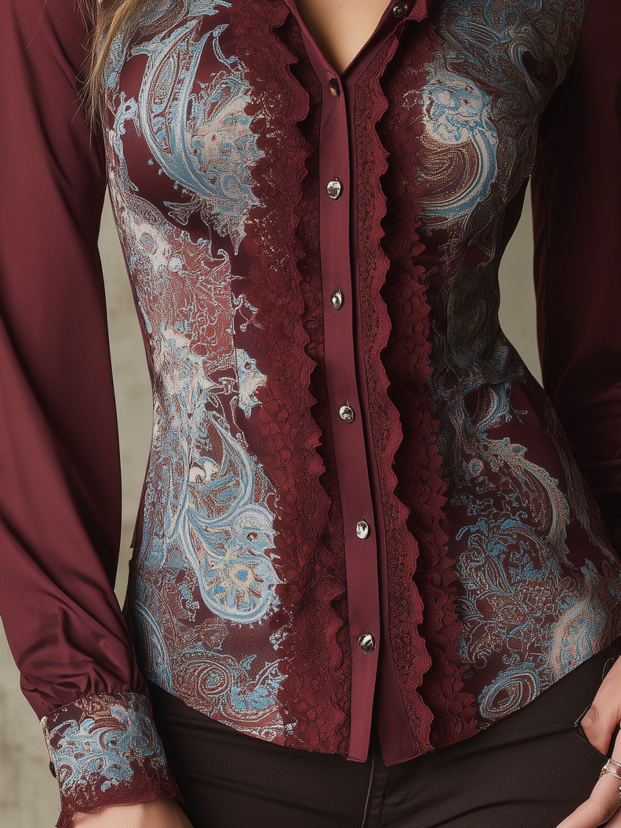 Retro Paisley Pattern Satin Lace Stitching Slim Fit Blouse