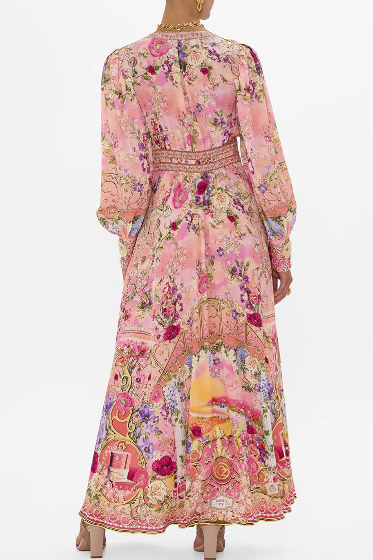 Printed V-neck Long-sleeved Puff Sleeve Waist Maxi Dress - Fashionpara