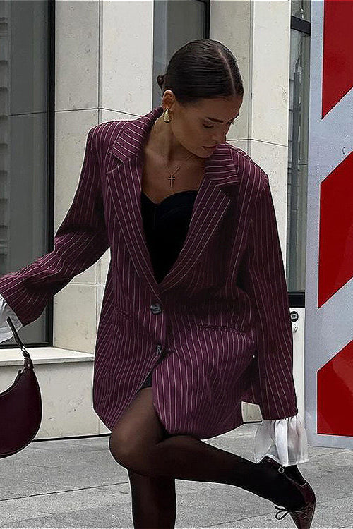 Lace Striped Flared Sleeve Blazer Coat for Elegant Style