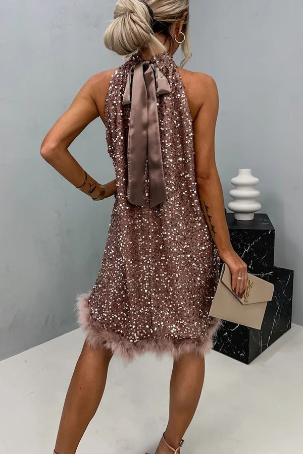 Sequin Halter Neck Feather Trim Tiered Mini Dress - View 4
