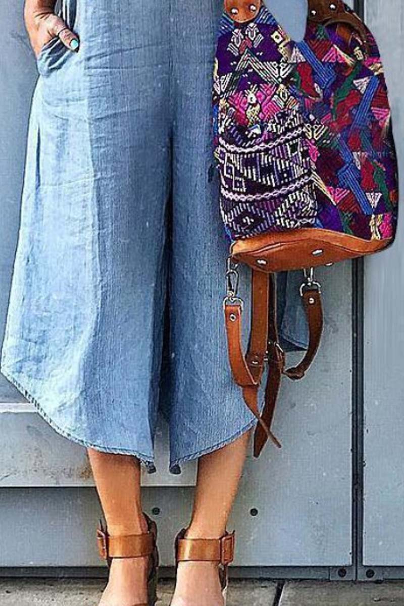 Sleeveless V-neck Wide Leg Denim Jumpsuit Fashionpara