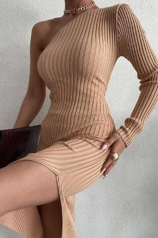 One Shoulder Split Sweater Dress