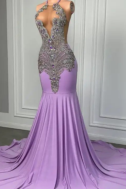 Fabulous Long Lilac Sleeveless Halter Mermaid Formal Dresses With Beads - Fashionpara