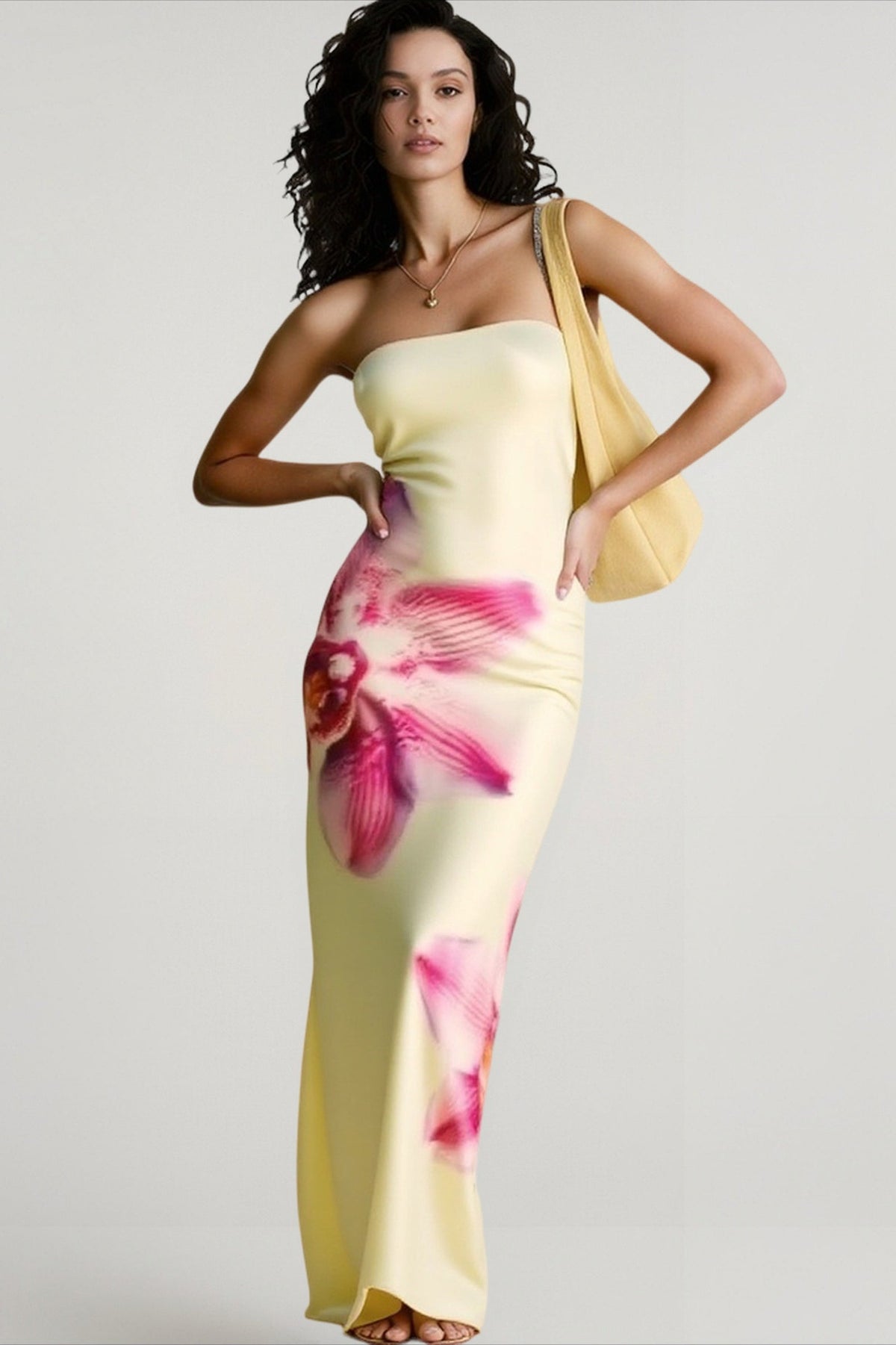 Satin Floral Strapless Bodycon Maxi Dress