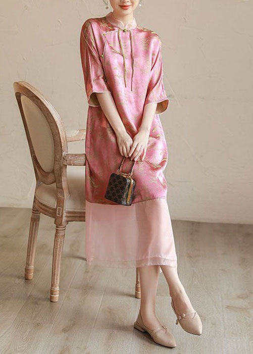 Jacquard Mandarin Collar Tassel Tie Three Quarter Midi Dress - View 2