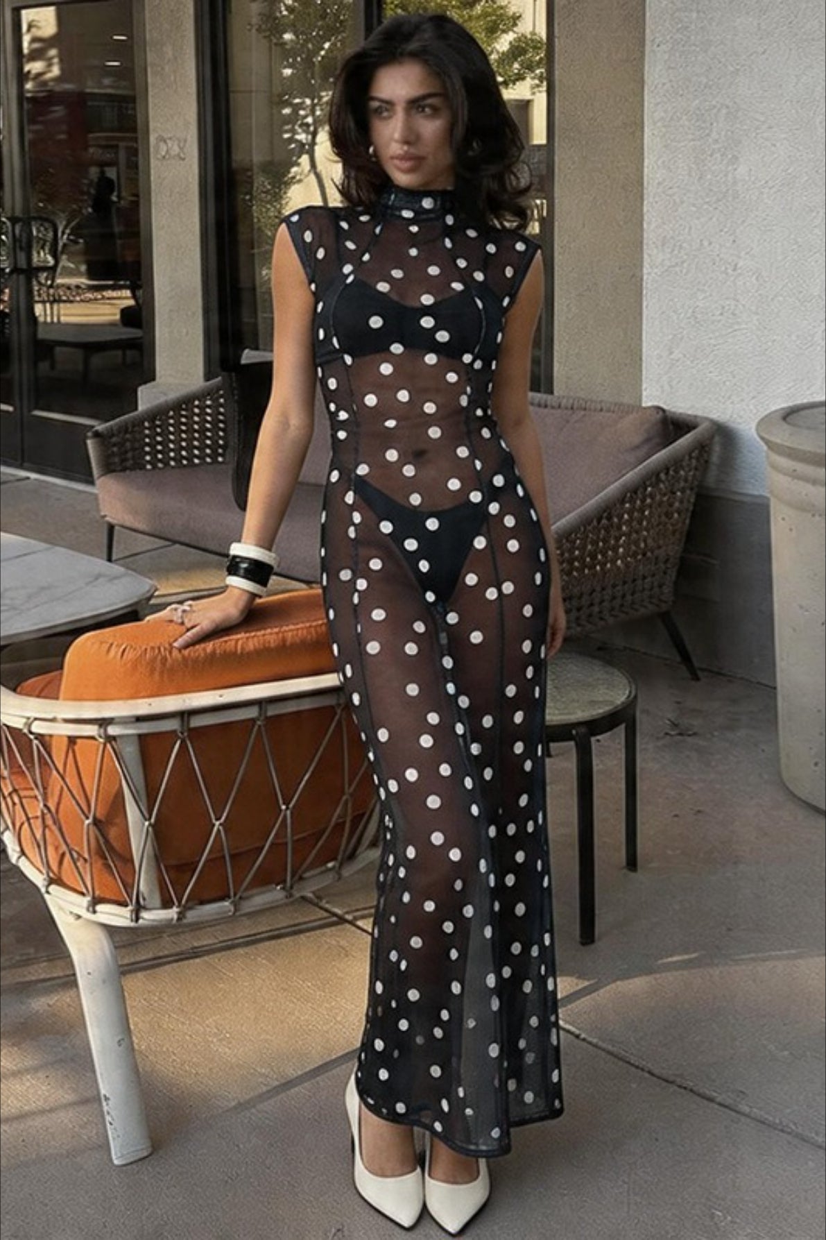 Polka Dot Sheer Mesh High Neck Maxi Beach Dress 3