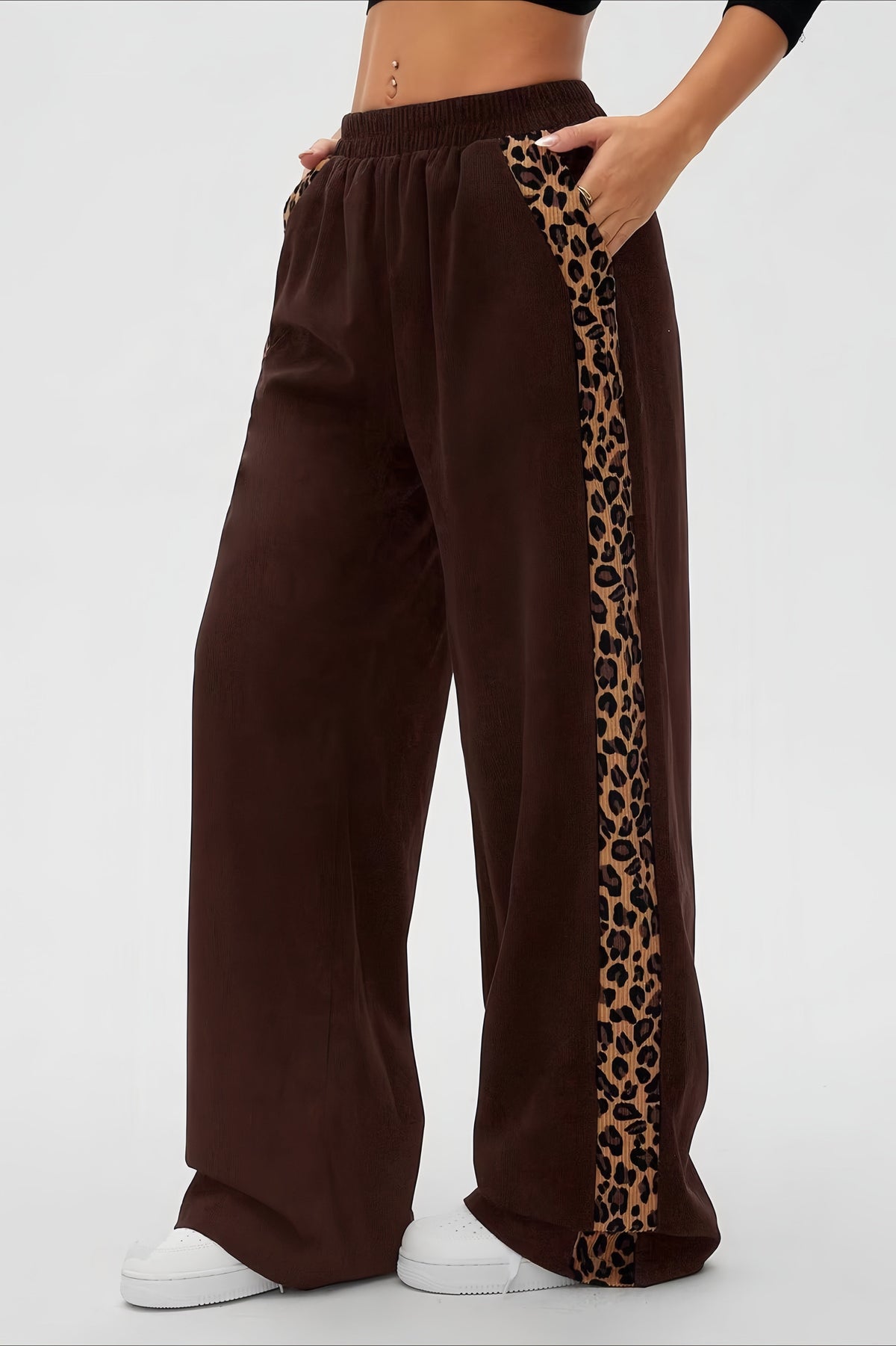 Leopard Side Stripe Wide Leg Pants