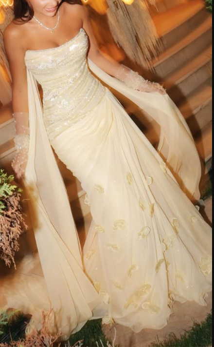 Classy Strapless Yellow Chiffon Sequin Beaded Mermaid Party Dress Long Evening Dress D1766