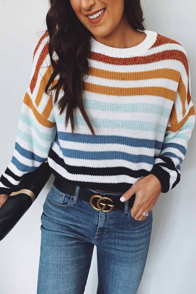 Florcoo Striped O Neck Sweater for Effortless Style