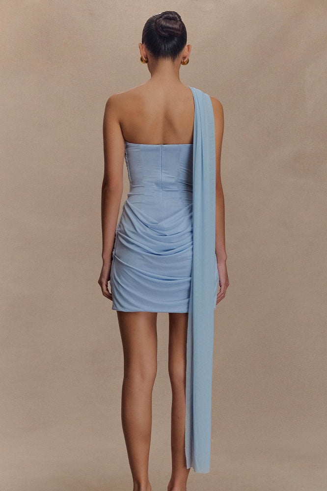 One Shoulder Ruched Draped Bodycon Mini Dress