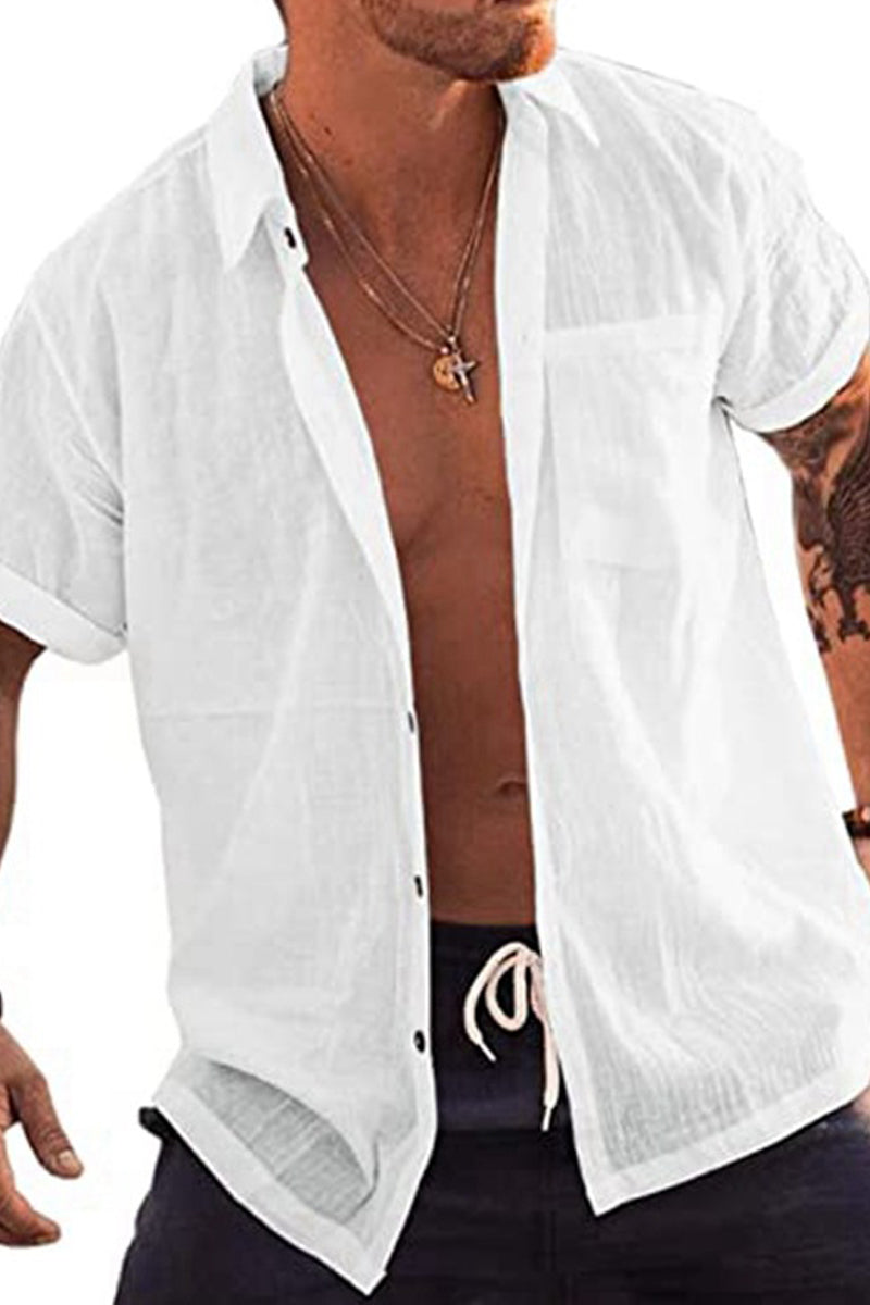 Solid Colour Short Sleeve Cotton Linen Shirt - Fashionpara