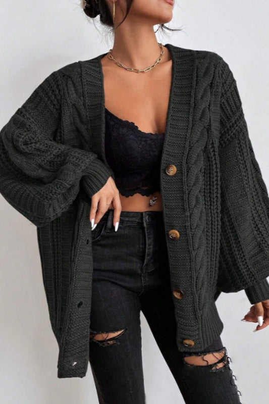 Oversized Cable Knit V Neck Button Cardigan 7