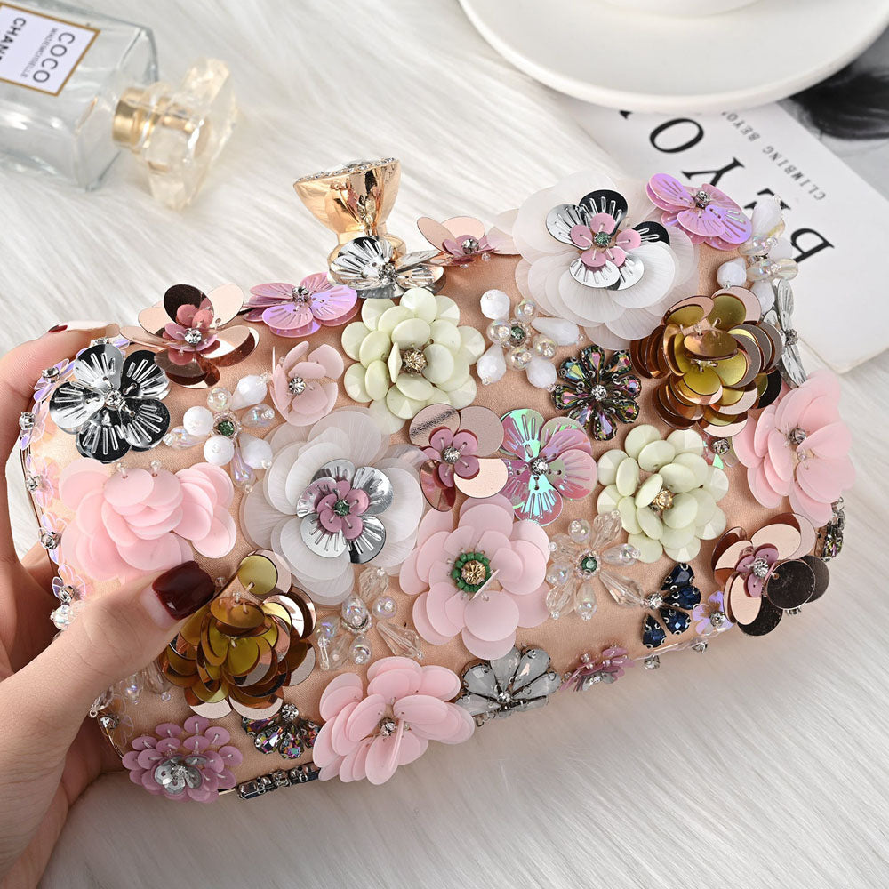 Floral Decor Clip Top Box Bag - Women Evening Clutch - Fashionpara