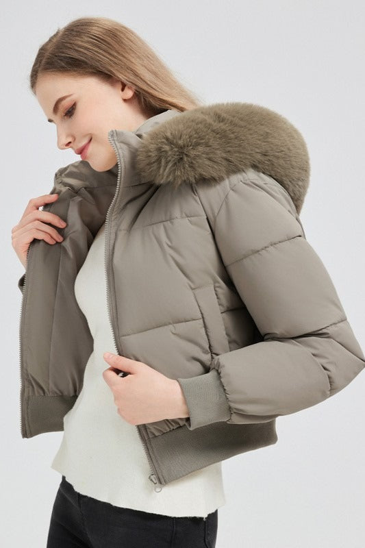 Quilted Cropped Faux Fur Collar Coat - Fashionpara