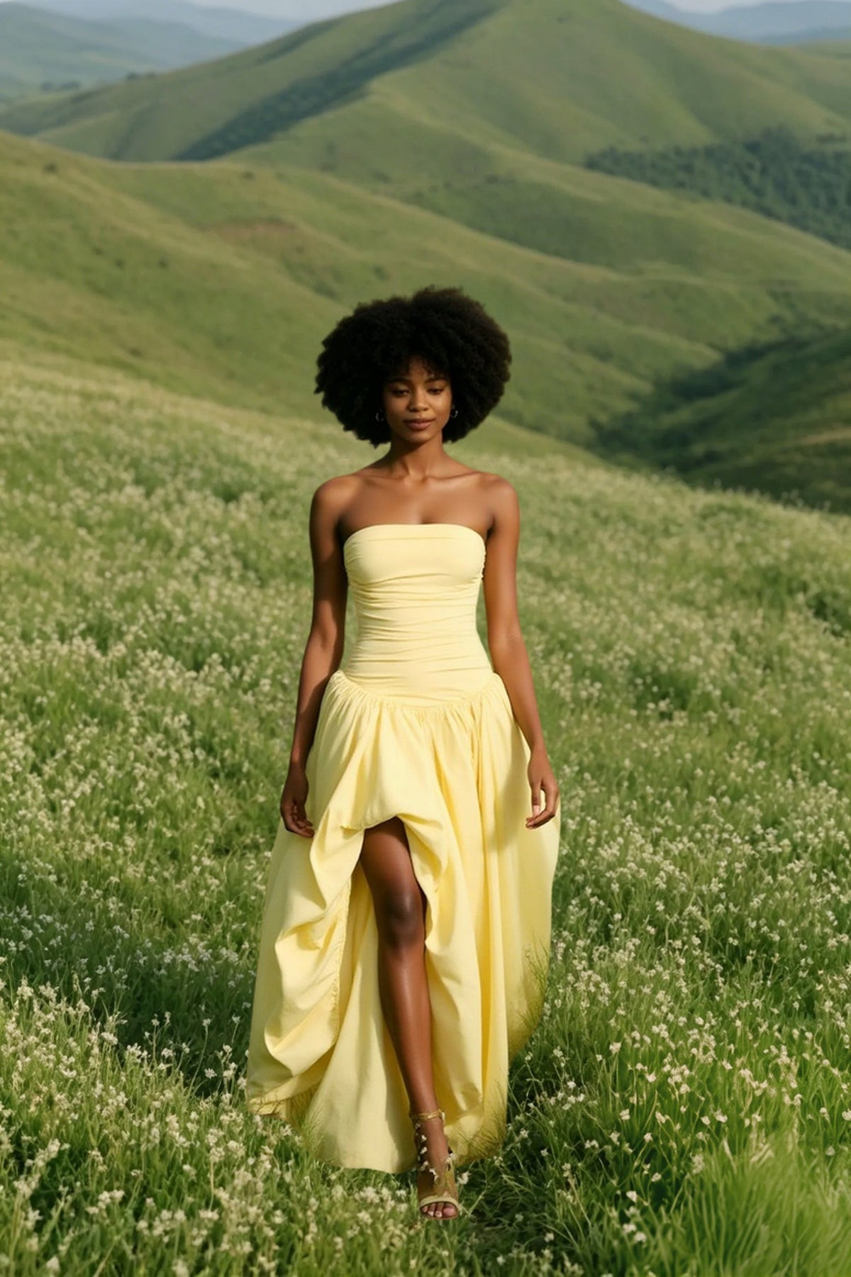 Strapless Ruched Drop Waist High Low Maxi Dress