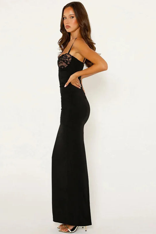Satin Lace Trim Sweetheart Spaghetti Strap Bias Maxi Dress