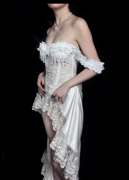 Off The Shoulder White Lace High Low Prom Dress Evening Party Dress - Fashionpara