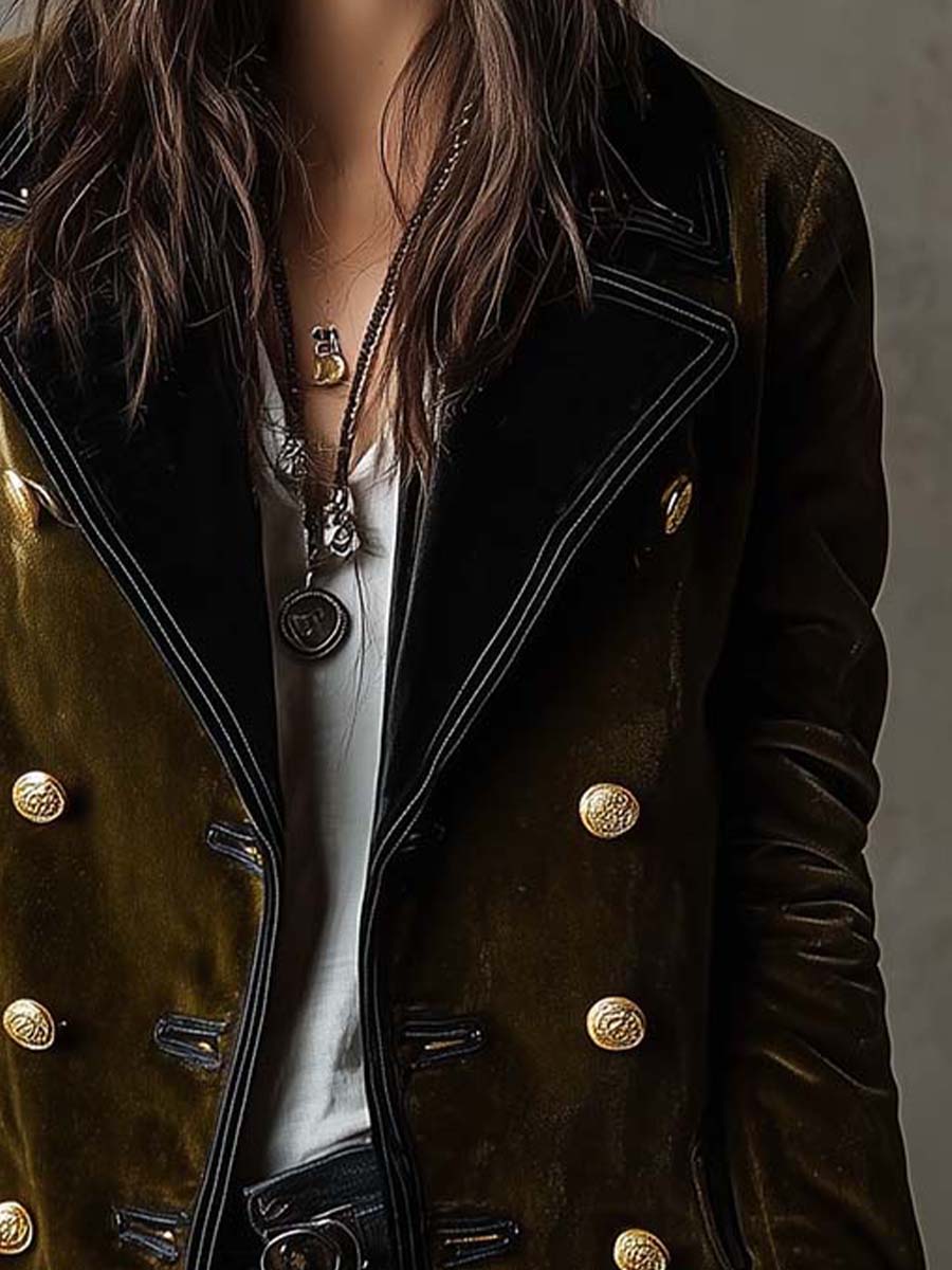 Olive Synthetic Velvet Double-Breasted Military Coat - Fashionpara