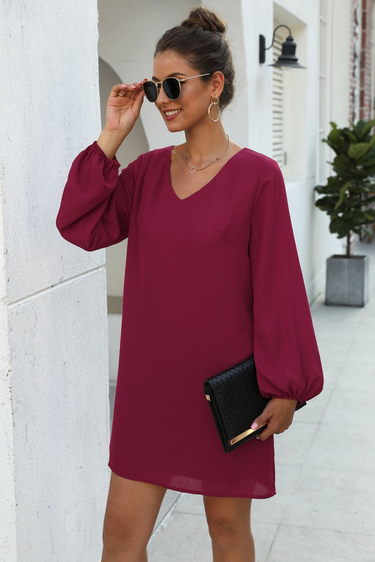 V-neck Frock-sleeve Dress - Fashionpara