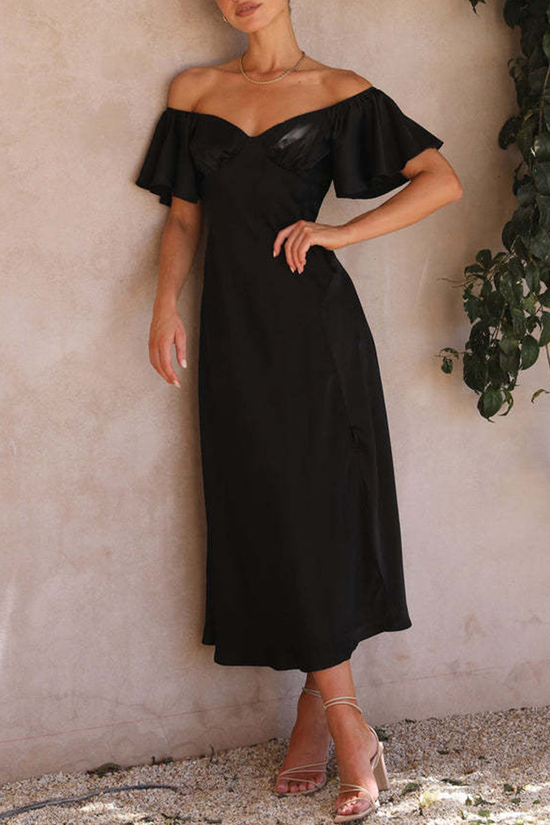 Satin Off Shoulder Sweetheart Ruched Bust Midi Dress - View 6