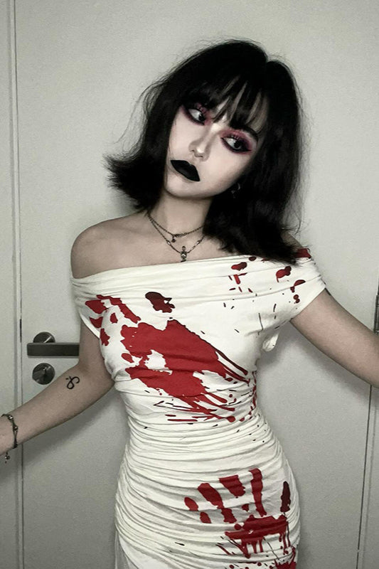 Halloween Blood Stain Print Off-Shoulder Maxi Dress