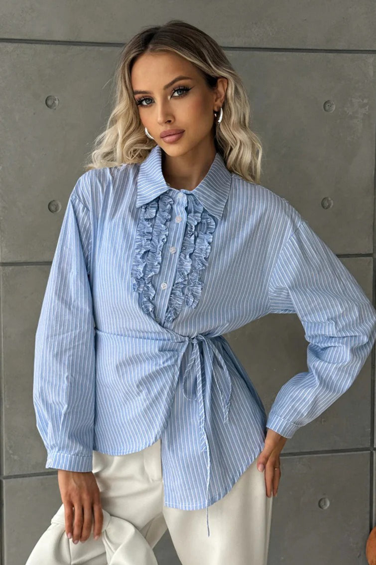 Ruffled Striped Tie Waist Blouse