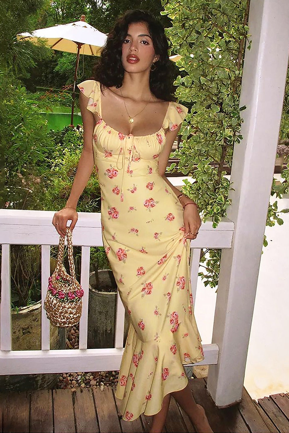 Floral Print Flutter-Sleeve Fishtail Maxi Dress
