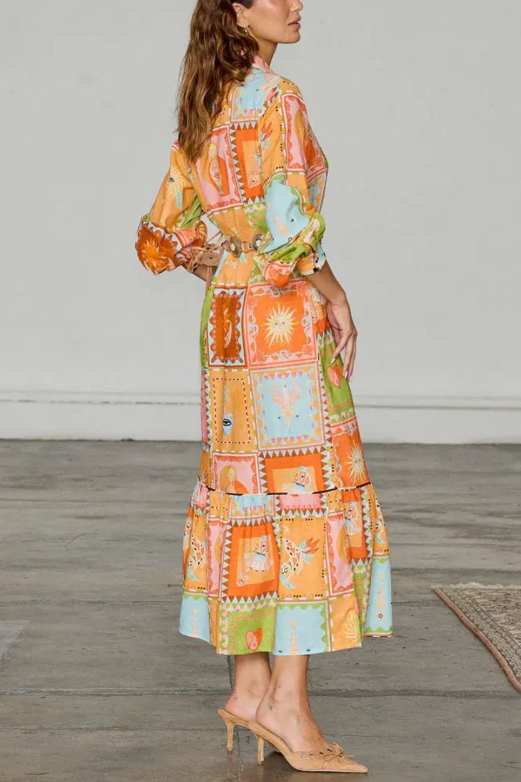 Linen Blend Unique Printed Long Sleeve Lapel Tie-waist Midi Dress - Fashionpara