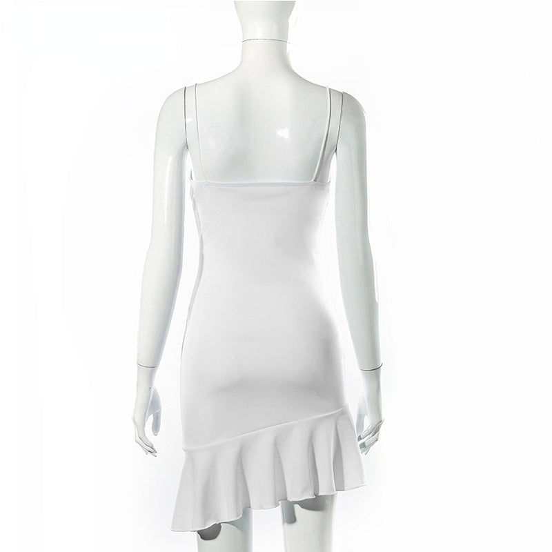 V-Neck Spaghetti Strap Ruched Ruffle Hem Bodycon Mini Dress 5